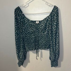 Sienna Sky smocked green floral bell sleeve blouse L